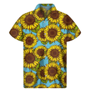 Blue Vintage Sunflower Pattern Print Men's Short Sleeve Shirt