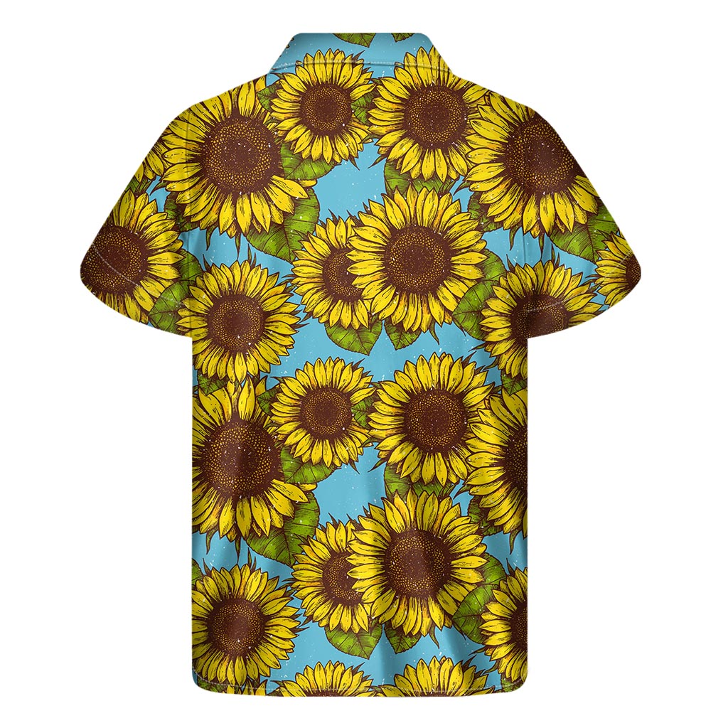 Blue Vintage Sunflower Pattern Print Men's Short Sleeve Shirt