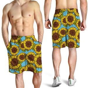 Blue Vintage Sunflower Pattern Print Men's Shorts