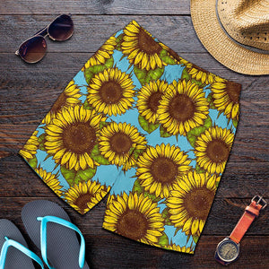 Blue Vintage Sunflower Pattern Print Men's Shorts