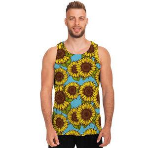 Blue Vintage Sunflower Pattern Print Men's Tank Top