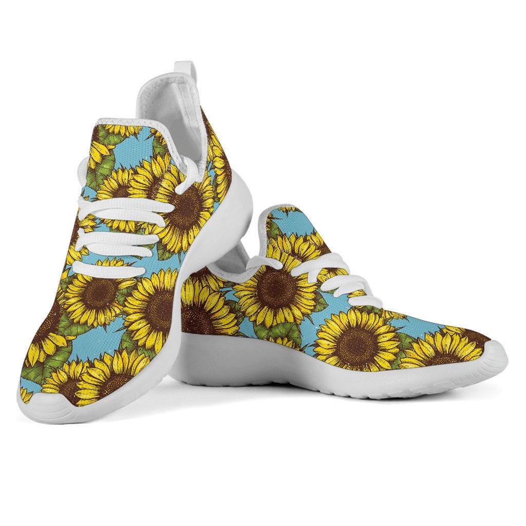 Blue Vintage Sunflower Pattern Print Mesh Knit Shoes GearFrost