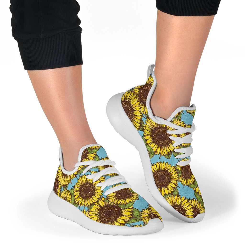 Blue Vintage Sunflower Pattern Print Mesh Knit Shoes GearFrost