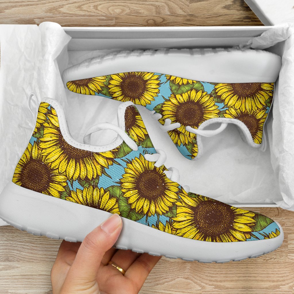 Blue Vintage Sunflower Pattern Print Mesh Knit Shoes GearFrost