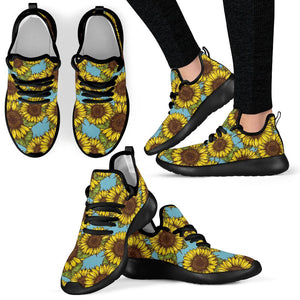 Blue Vintage Sunflower Pattern Print Mesh Knit Shoes GearFrost