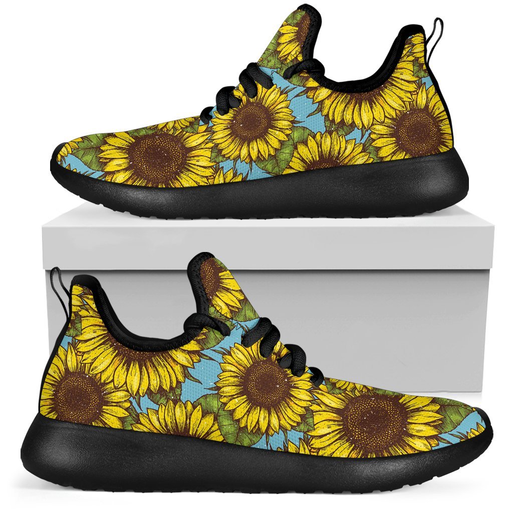 Blue Vintage Sunflower Pattern Print Mesh Knit Shoes GearFrost