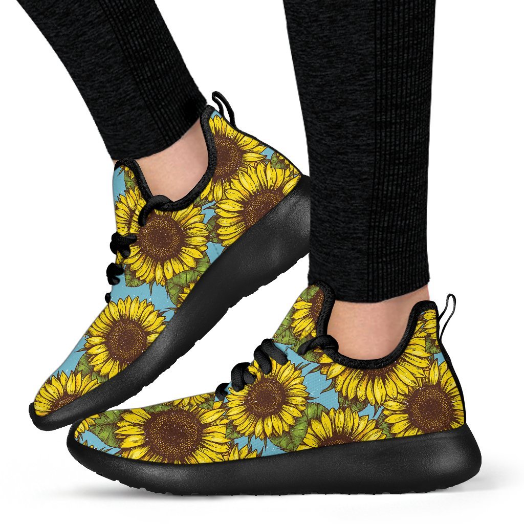 Blue Vintage Sunflower Pattern Print Mesh Knit Shoes GearFrost