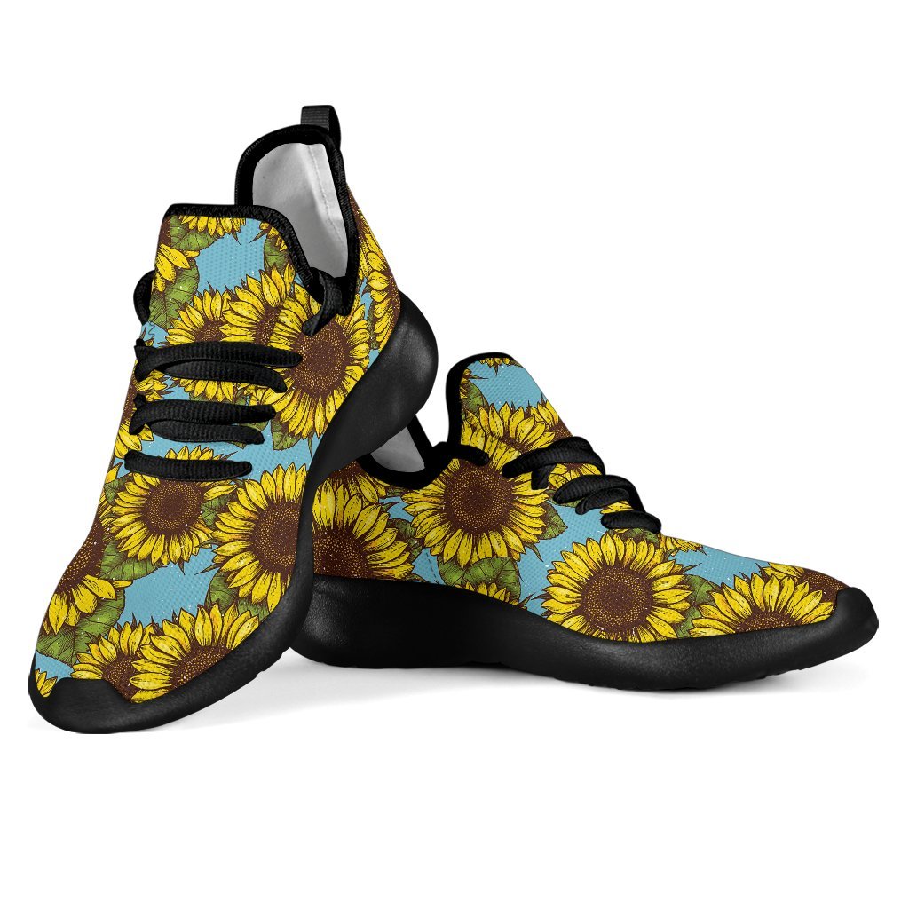 Blue Vintage Sunflower Pattern Print Mesh Knit Shoes GearFrost