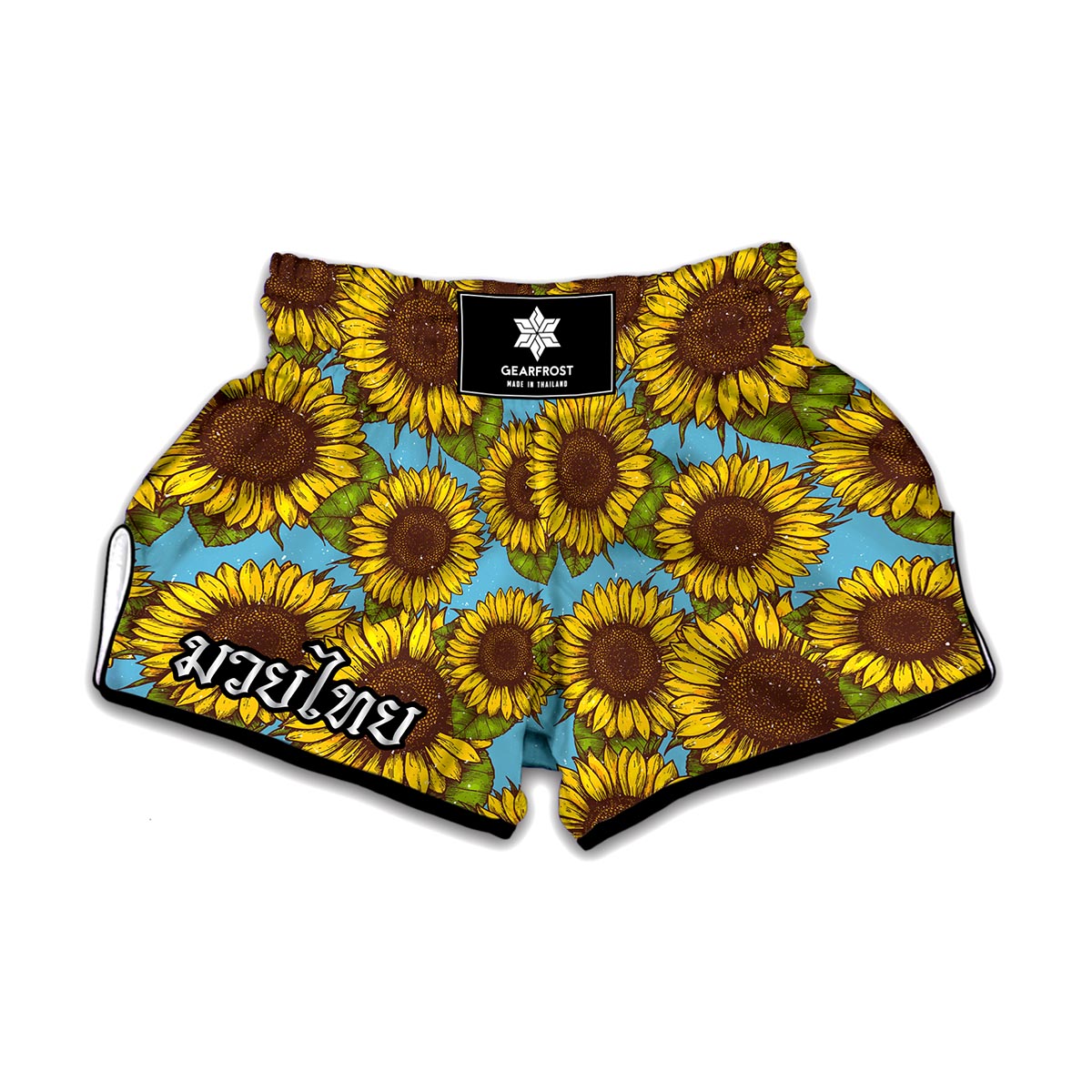 Blue Vintage Sunflower Pattern Print Muay Thai Boxing Shorts