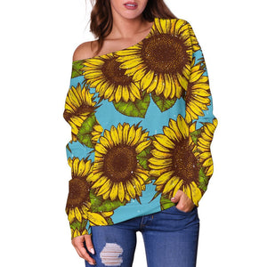 Blue Vintage Sunflower Pattern Print Off Shoulder Sweatshirt GearFrost