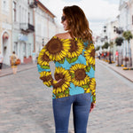 Blue Vintage Sunflower Pattern Print Off Shoulder Sweatshirt GearFrost