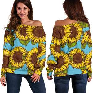 Blue Vintage Sunflower Pattern Print Off Shoulder Sweatshirt GearFrost