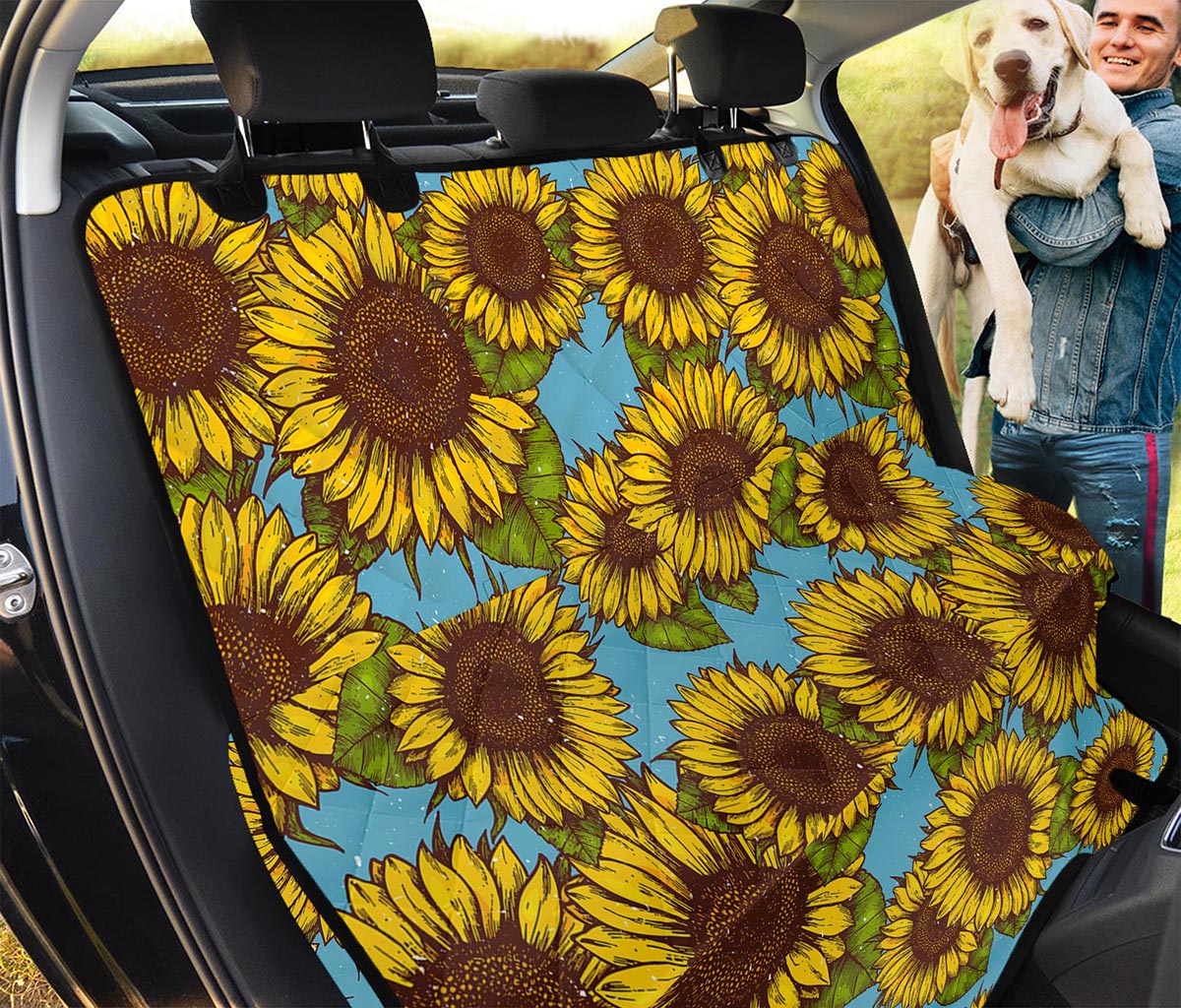 Blue Vintage Sunflower Pattern Print Pet Car Back Seat Cover