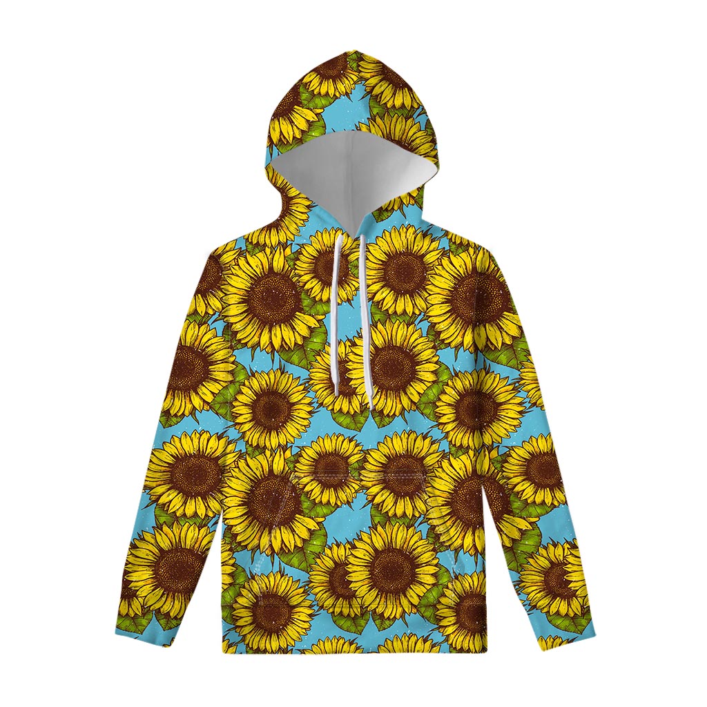 Blue Vintage Sunflower Pattern Print Pullover Hoodie