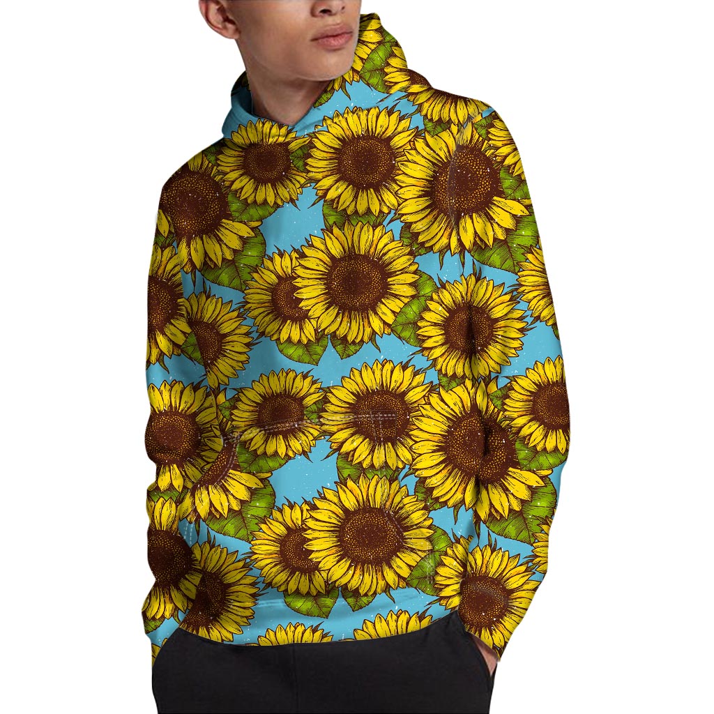 Blue Vintage Sunflower Pattern Print Pullover Hoodie