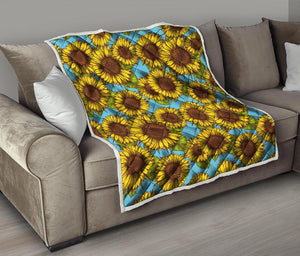 Blue Vintage Sunflower Pattern Print Quilt