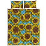 Blue Vintage Sunflower Pattern Print Quilt Bed Set