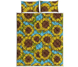 Blue Vintage Sunflower Pattern Print Quilt Bed Set