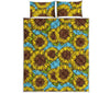 Blue Vintage Sunflower Pattern Print Quilt Bed Set