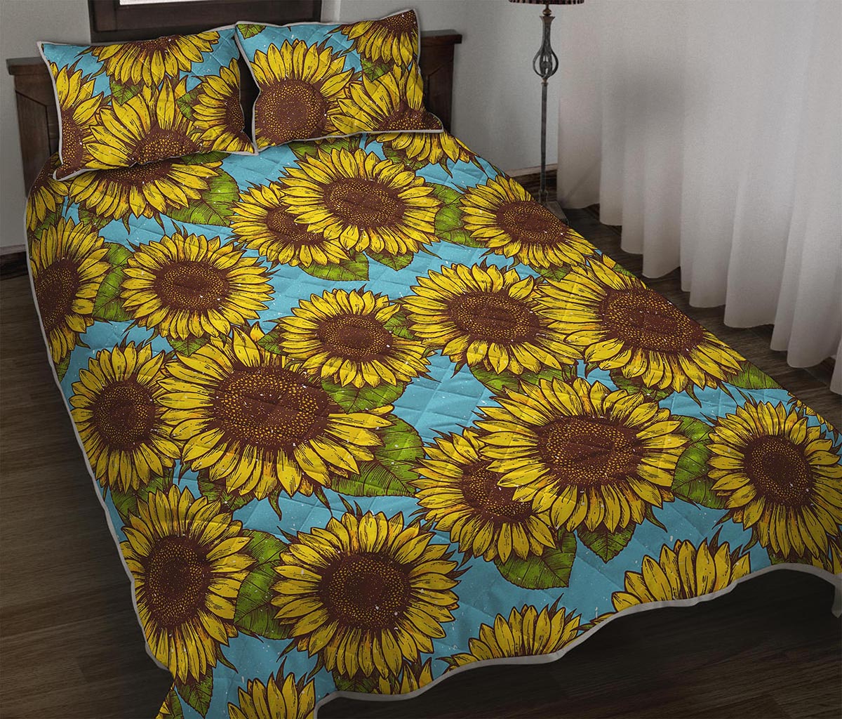 Blue Vintage Sunflower Pattern Print Quilt Bed Set