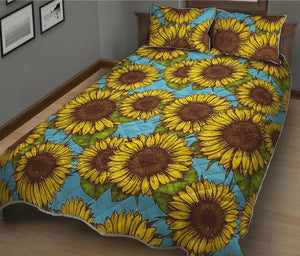 Blue Vintage Sunflower Pattern Print Quilt Bed Set