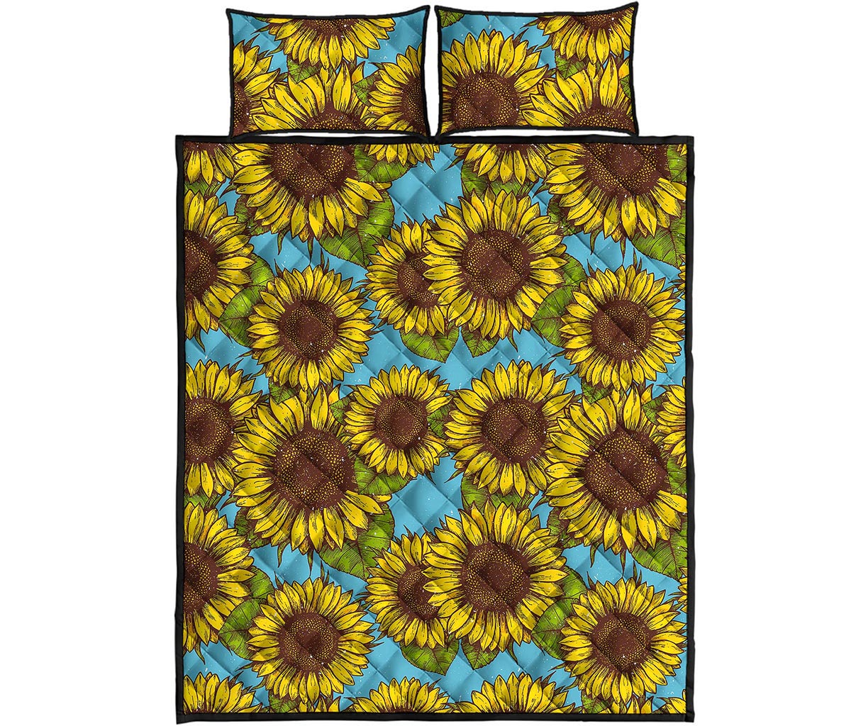 Blue Vintage Sunflower Pattern Print Quilt Bed Set