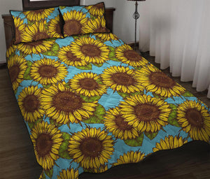 Blue Vintage Sunflower Pattern Print Quilt Bed Set