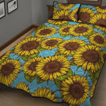 Blue Vintage Sunflower Pattern Print Quilt Bed Set