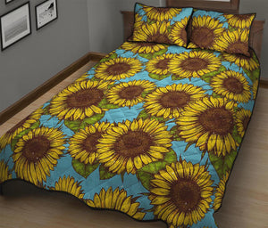 Blue Vintage Sunflower Pattern Print Quilt Bed Set