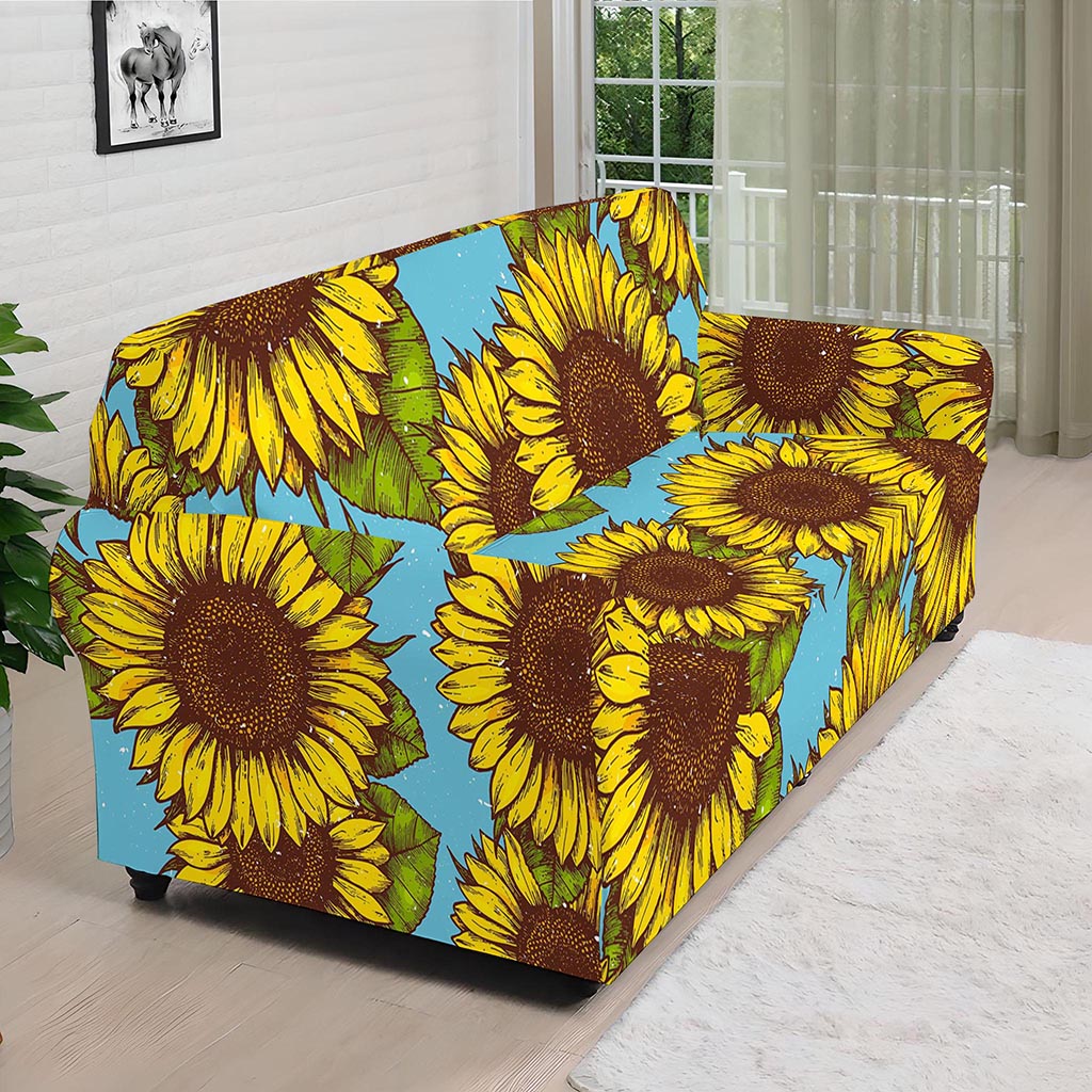 Blue Vintage Sunflower Pattern Print Sofa Cover