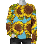 Blue Vintage Sunflower Pattern Print Women's Crewneck Sweatshirt GearFrost