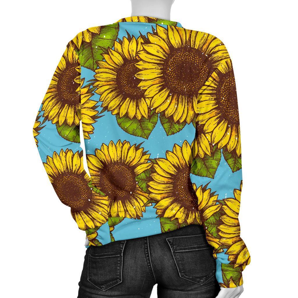 Blue Vintage Sunflower Pattern Print Women's Crewneck Sweatshirt GearFrost