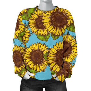Blue Vintage Sunflower Pattern Print Women's Crewneck Sweatshirt GearFrost