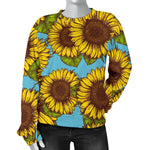 Blue Vintage Sunflower Pattern Print Women's Crewneck Sweatshirt GearFrost