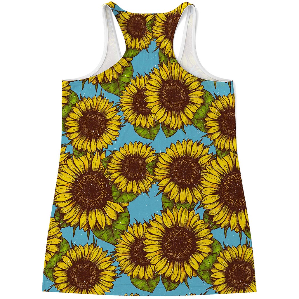 Blue Vintage Sunflower Pattern Print Women's Racerback Tank Top