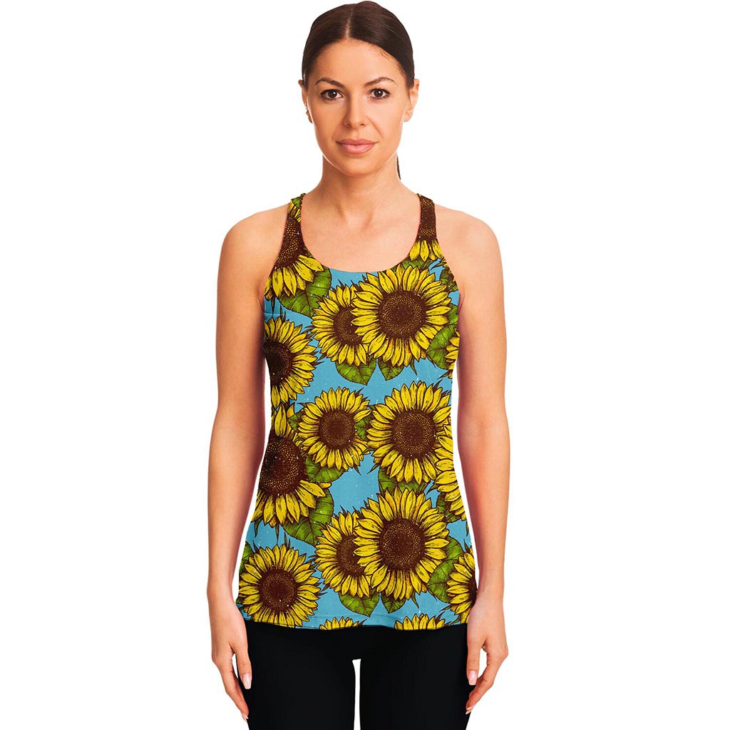 Blue Vintage Sunflower Pattern Print Women's Racerback Tank Top