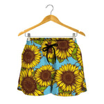 Blue Vintage Sunflower Pattern Print Women's Shorts