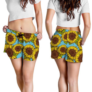 Blue Vintage Sunflower Pattern Print Women's Shorts