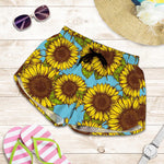 Blue Vintage Sunflower Pattern Print Women's Shorts
