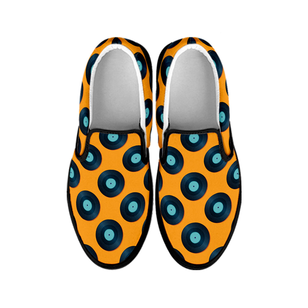 Blue Vinyl Record Pattern Print Black Slip On Shoes