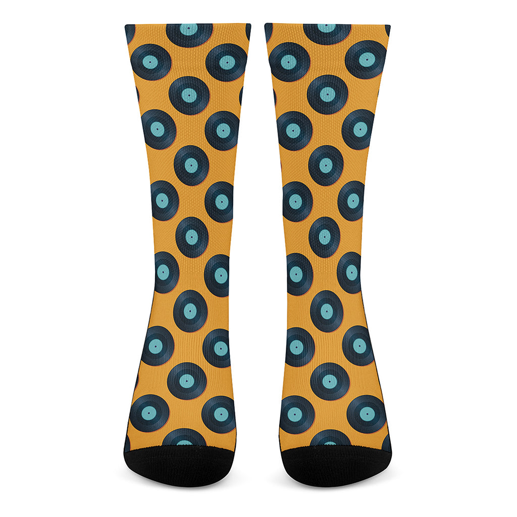Blue Vinyl Record Pattern Print Crew Socks