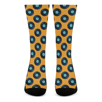 Blue Vinyl Record Pattern Print Crew Socks