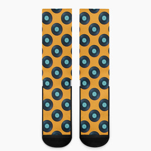 Blue Vinyl Record Pattern Print Crew Socks