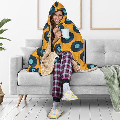 Blue Vinyl Record Pattern Print Hooded Blanket