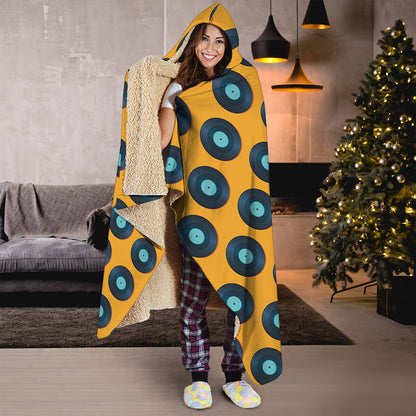 Blue Vinyl Record Pattern Print Hooded Blanket