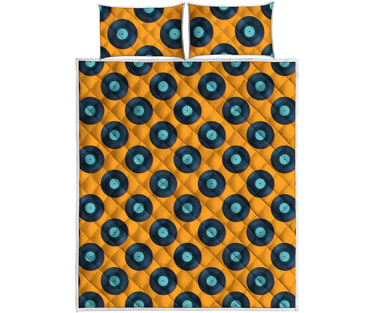 Blue Vinyl Record Pattern Print Quilt Bed Set