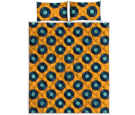 Blue Vinyl Record Pattern Print Quilt Bed Set