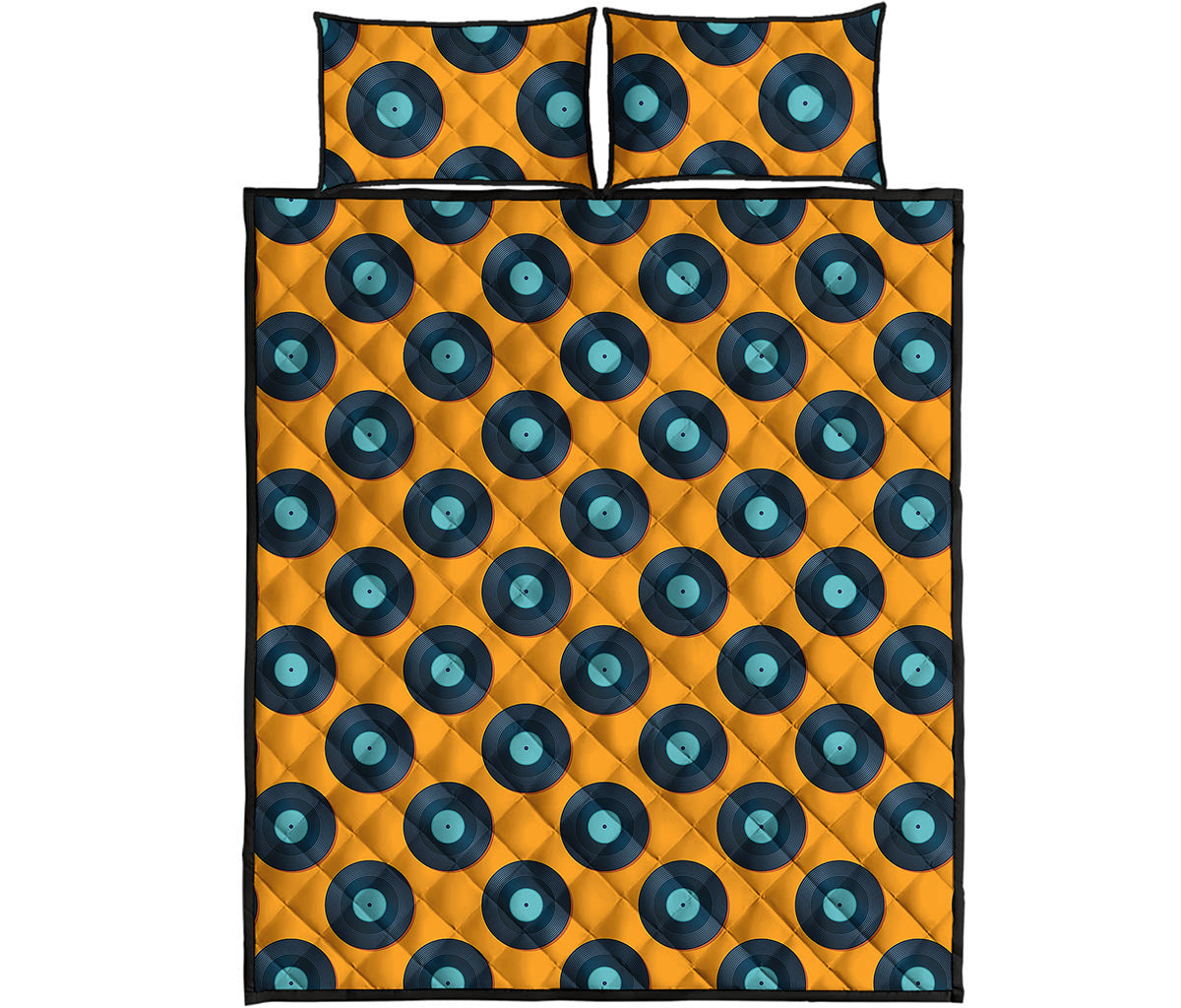 Blue Vinyl Record Pattern Print Quilt Bed Set