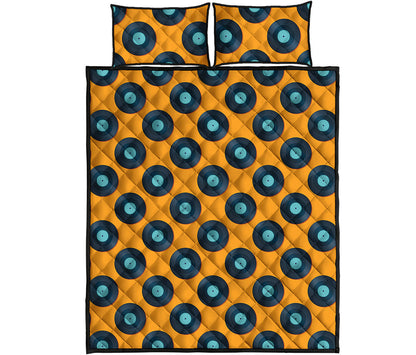 Blue Vinyl Record Pattern Print Quilt Bed Set