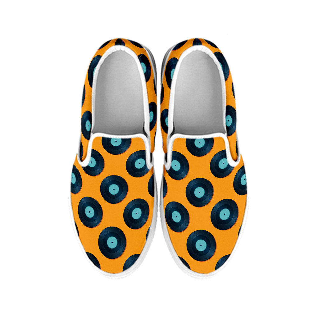 Blue Vinyl Record Pattern Print White Slip On Shoes